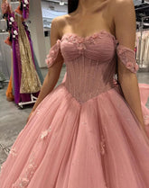 Exquisite Off-Shoulder Ball Gown with 3D Floral Lace Appliques Pink Tulle Quinceanera & Sweet 16 Dress